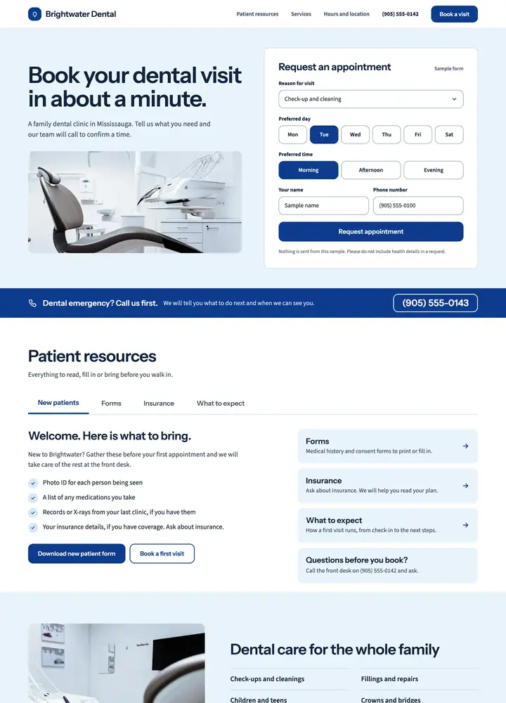 Top of the Brightwater Dental concept home page, a calm clinical, booking first layout