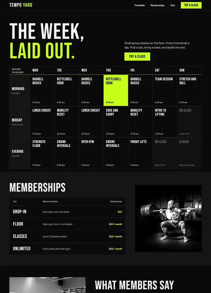 Top of the Tempo Yard concept home page, a timetable first layout