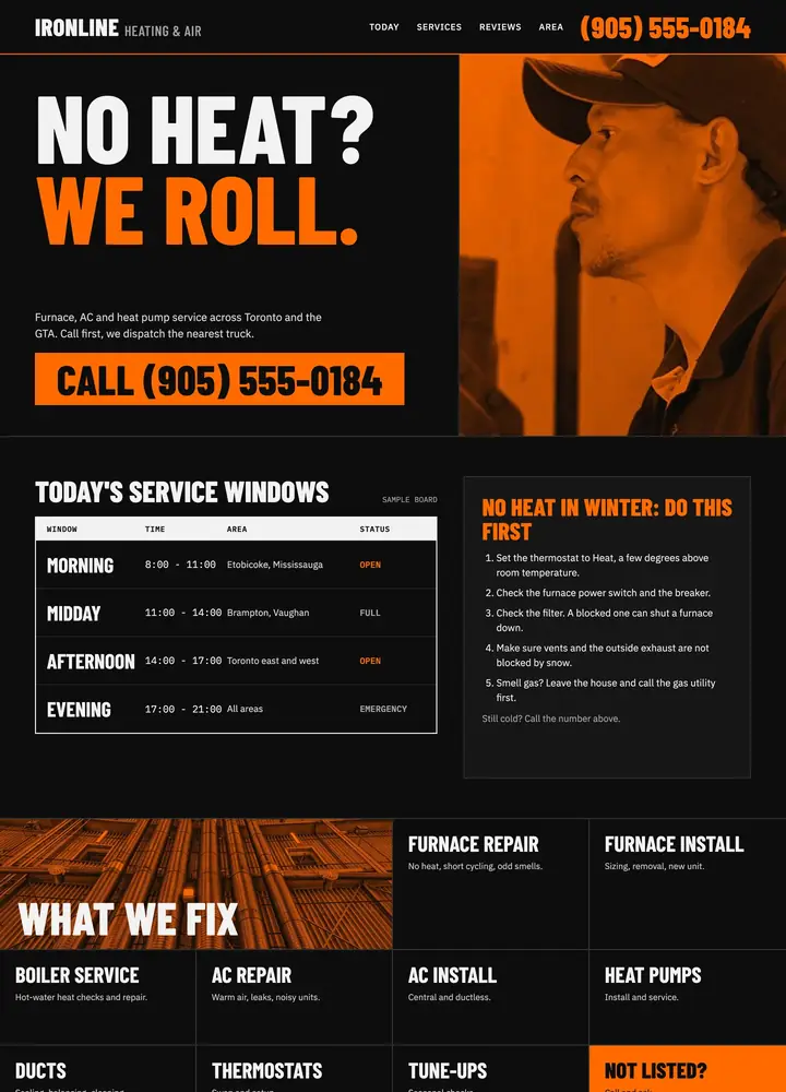 Top of the Ironline Heating & Air concept home page, a call-first dispatch board layout