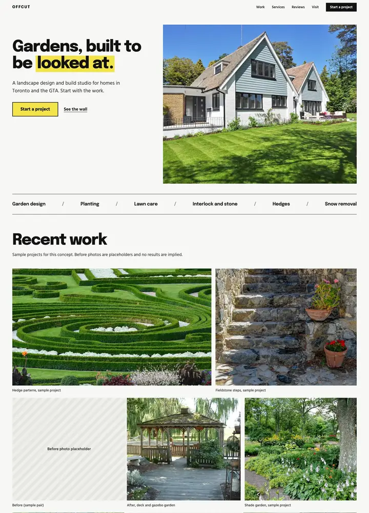 Top of the Offcut Landscape Studio concept home page, a gallery wall layout