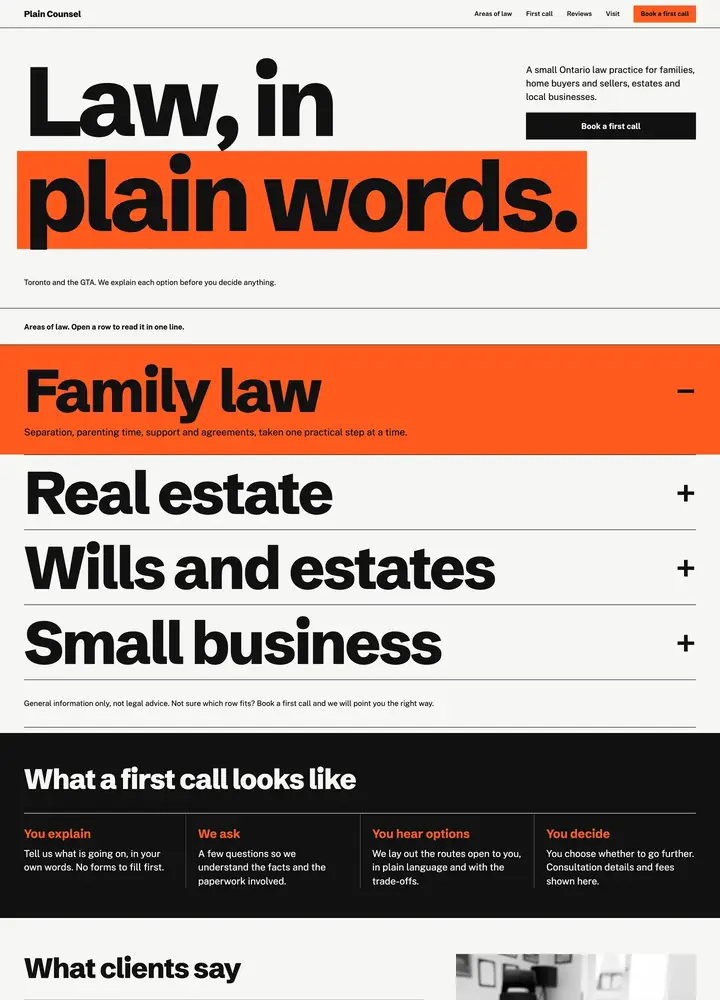 Top of the Plain Counsel concept home page, a practice-area index layout