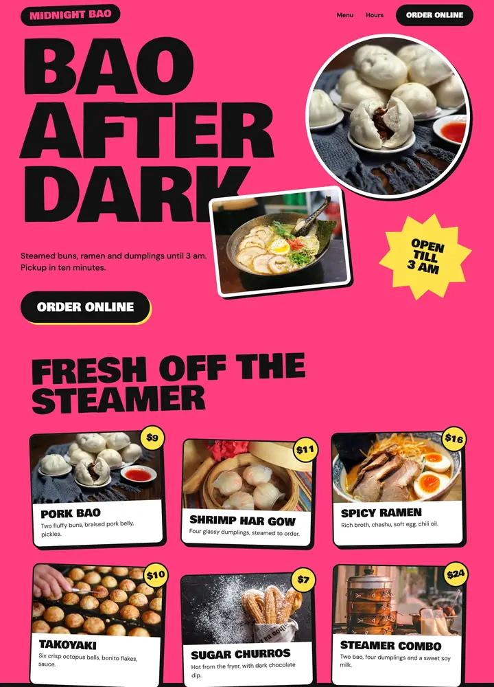 Top of the Midnight Bao concept home page, a sticker collage, order first layout